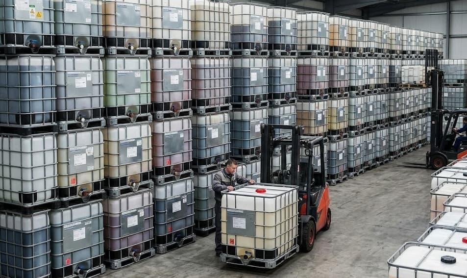 A forklift moving reconditioned IBC totes inside the IBC Denver warehouse.
