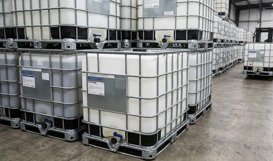 Newly reconditioned IBC totes lined up after the hot-wash and leak-test cycle.