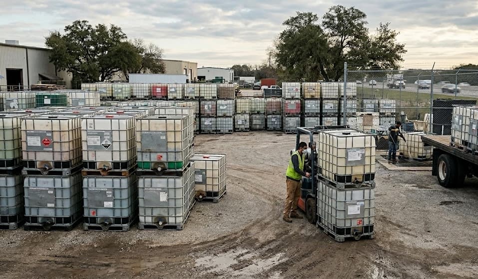 A buy-back yard full of empty IBC totes ready for the reconditioning bay.